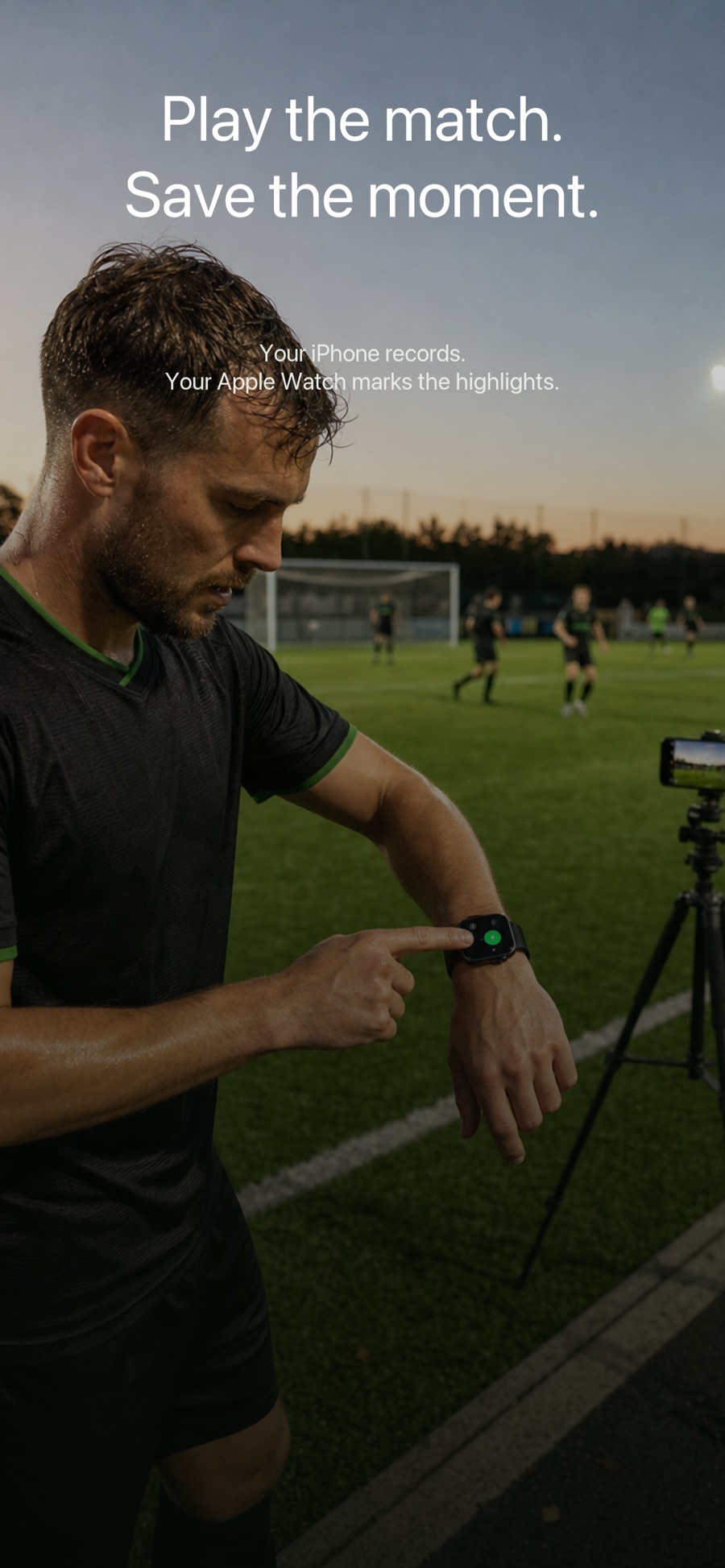 A football player saving a highlight from FutReplay on Apple Watch while an iPhone records from a tripod
